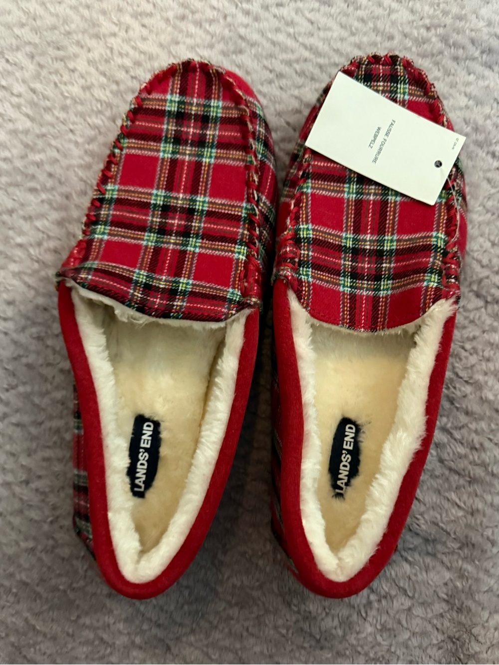 Women's Lands' End Red Plaid Faux-Fur Lined Slippers 7B ♥️